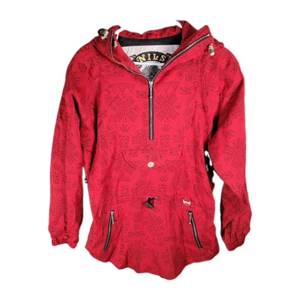 Vintage Nils Ski Jacket 8 Anorak Pullover Hooded Red Aztec Tribal 90s USA Made